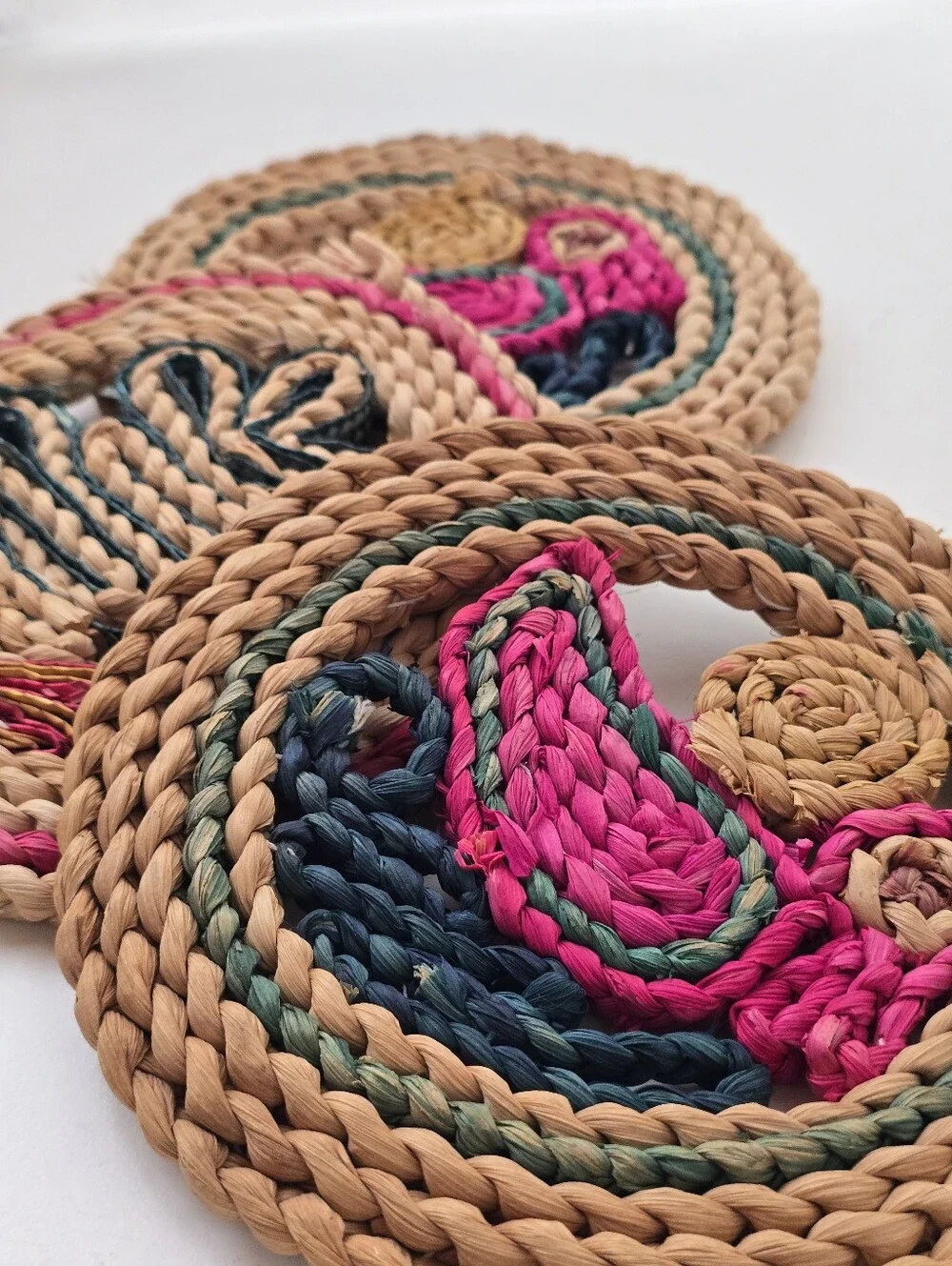 Vintage Boho Handwoven Straw Trivets Bird Wall Decor Set of 3 Rustic Folk Art